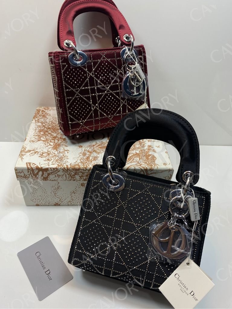 Christian Dior Lady Dior Small Studded Velvet Bag
