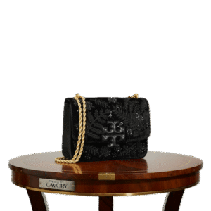 Tory Burch Velvet Shoulder Bag (Medium)– Black with Sequins & Signature Logo