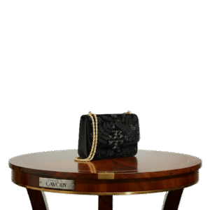 Tory Burch Velvet Shoulder Bag (Small) – Black with Sequins & Signature Logo